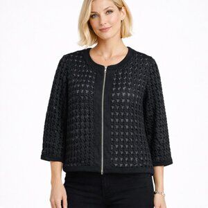 Damee Inc. size small black collarless zip front jacket 3/4 sleeves